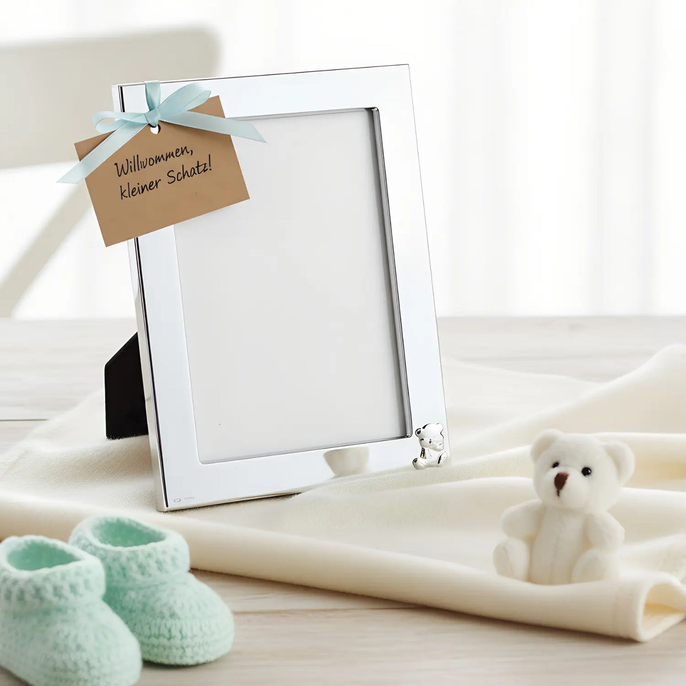 Baby Bilderrahmen Teddybär 925 Silber – Gravur möglich, 10×15 cm
