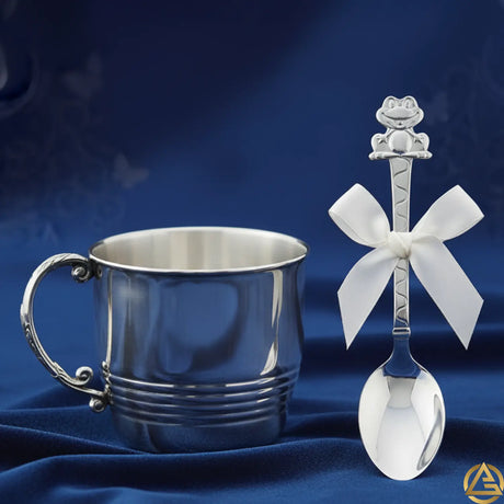 Baby Geschenkset 925 Silber Becher + Löffel mit Tiermotiv Gravur