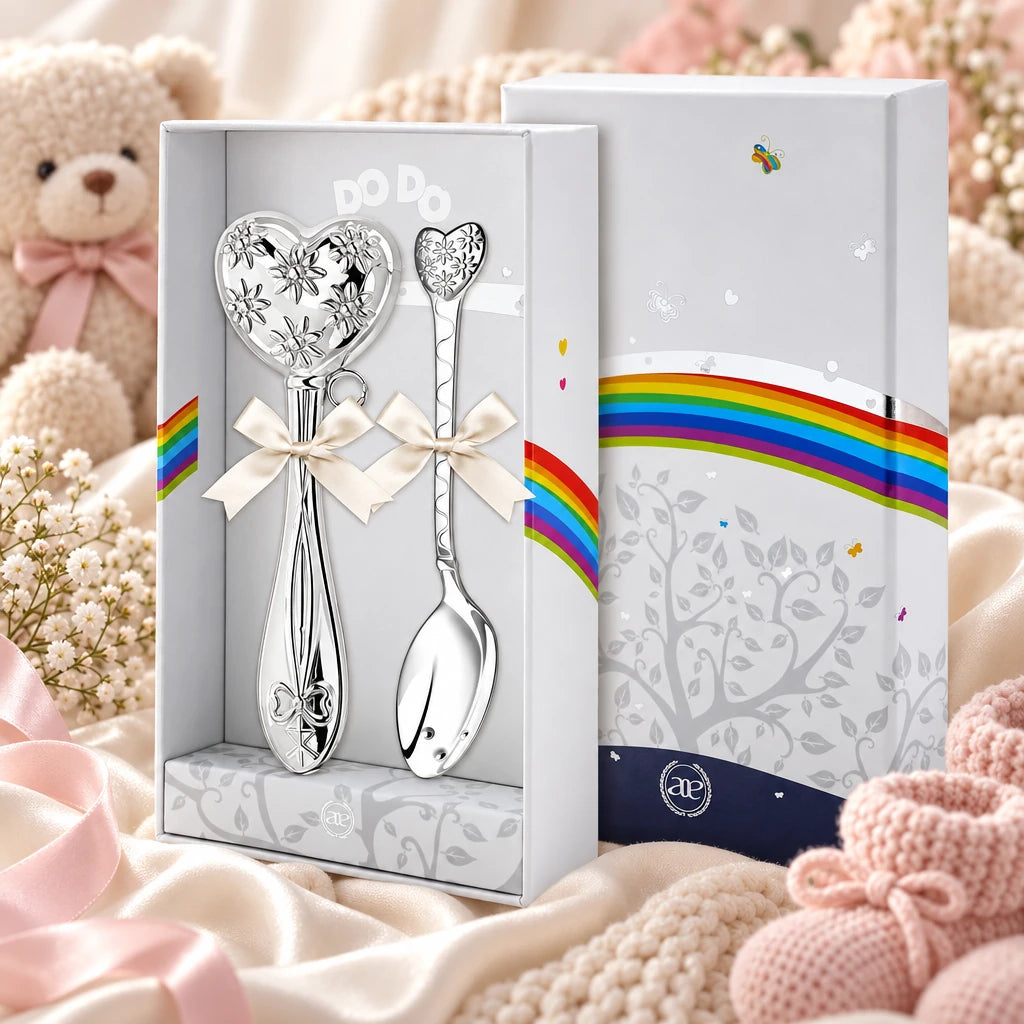 Baby-Geschenkset aus 925 Silber — Babyrassel und Babylöffel mit Blüten-Herz in der DoDo-Geschenkbox, Lifestyle-Aufnahme, Geschenk zur Geburt