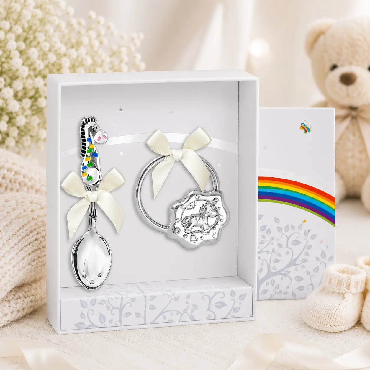 Baby Geschenkset aus 925 Silber mit Pferde-Löffel mit schwarzer Emaille und Pferde-Babyrassel zur Taufe oder Geburt
