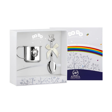 Baby Geschenkset 925 Silber mit Teddybär-Becher und Babylöffel in Geschenkbox – edle Wahl zur Geburt oder Taufe für Mädchen.