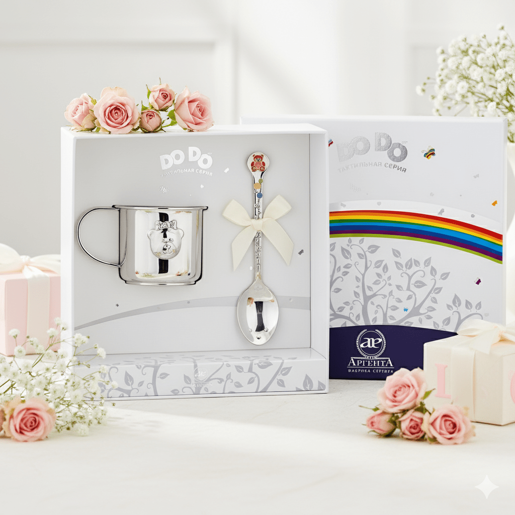 Baby Geschenkset 925 Silber – Kinderbecher & Taktil - Löffel Teddybär Mädchen