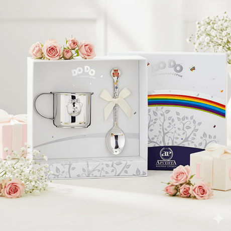 Baby Geschenkset 925 Silber – Kinderbecher & Taktil - Löffel Teddybär Mädchen
