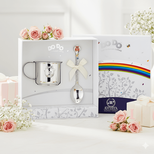 Baby Geschenkset 925 Silber – Kinderbecher & Taktil - Löffel Teddybär Mädchen