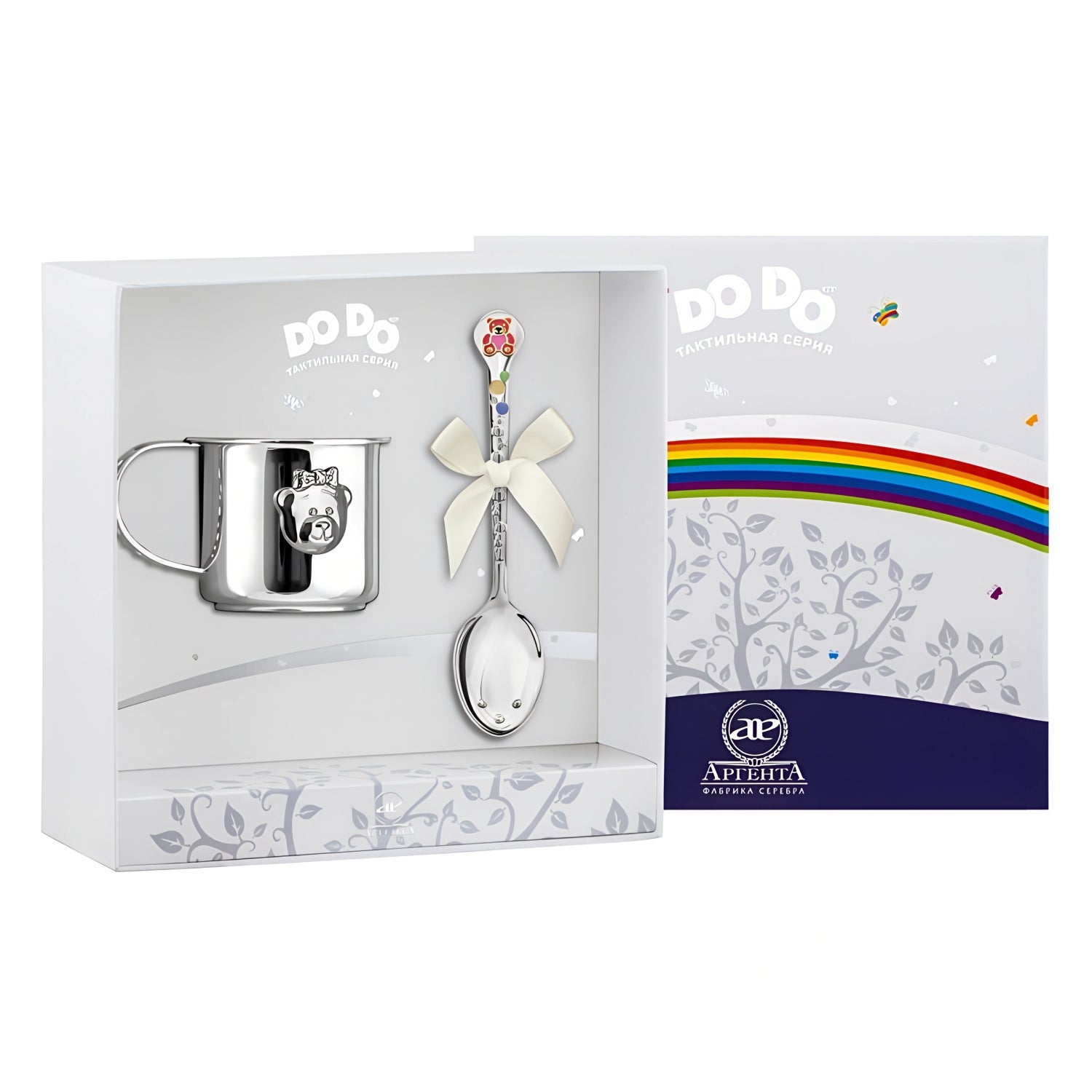 Baby Geschenkset Mädchen aus 925 Silber – Kinderbecher & Babylöffel mit Teddybär-Motiv in Geschenkbox zur Taufe oder Geburt.
