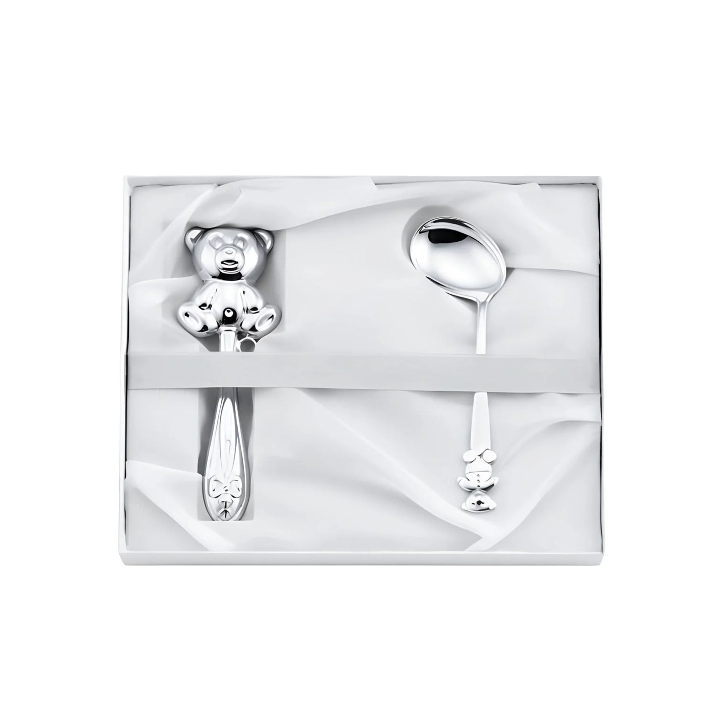Baby-Geschenkset 925 Silber Teddybär — Stielrassel mit Bär-Figur und gebogener Babylöffel in weißer Box