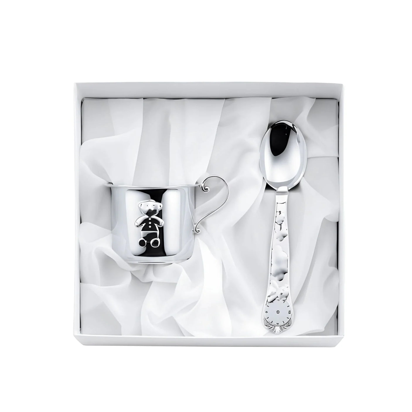Geschenkset 925 Silber Bär — Kinderbecher mit Bär-Relief und gerader Geburtslöffel in weißer Box