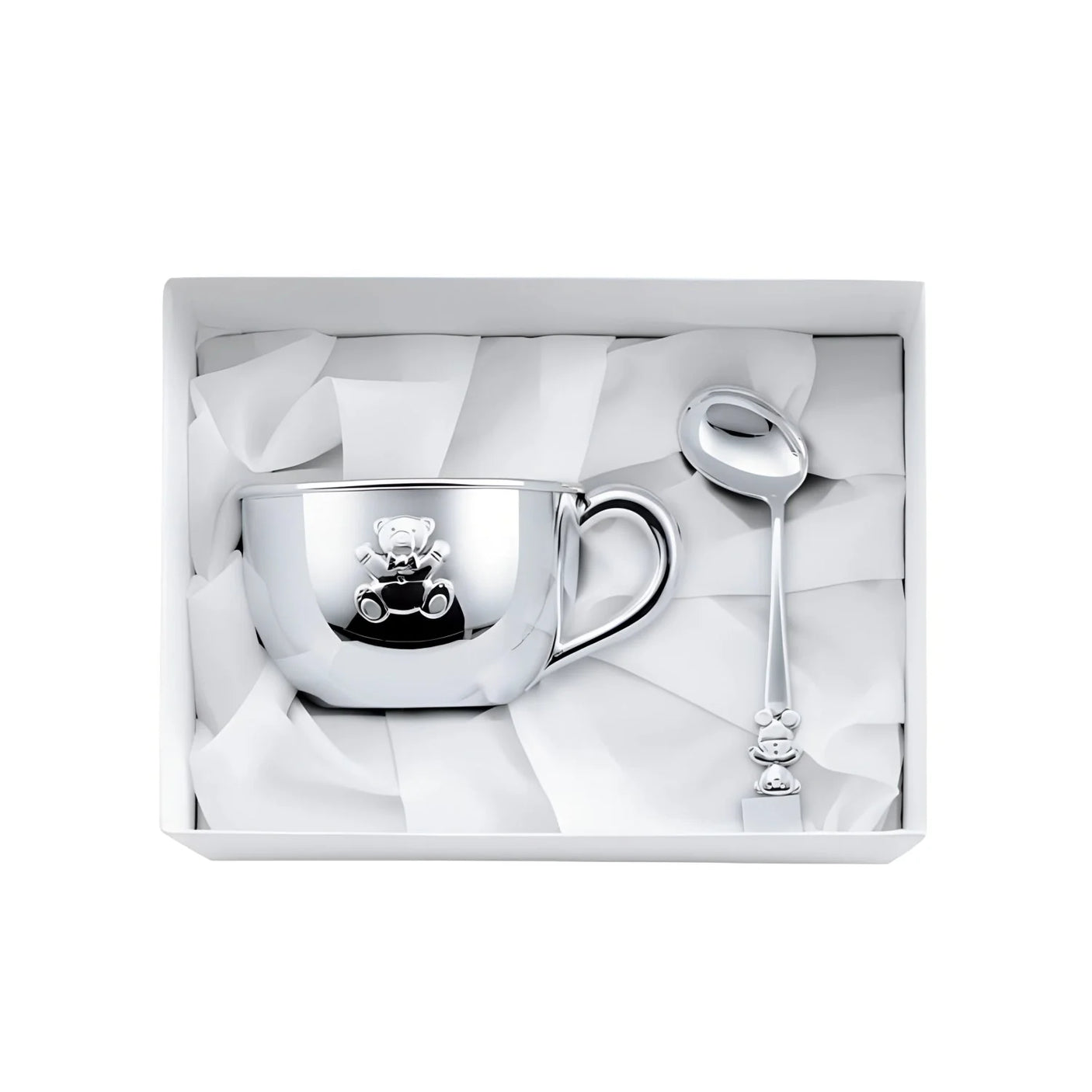Geschenkset 925 Silber Bär — große Babytasse mit Henkel und Bär-Relief und gebogener Babylöffel in weißer Box