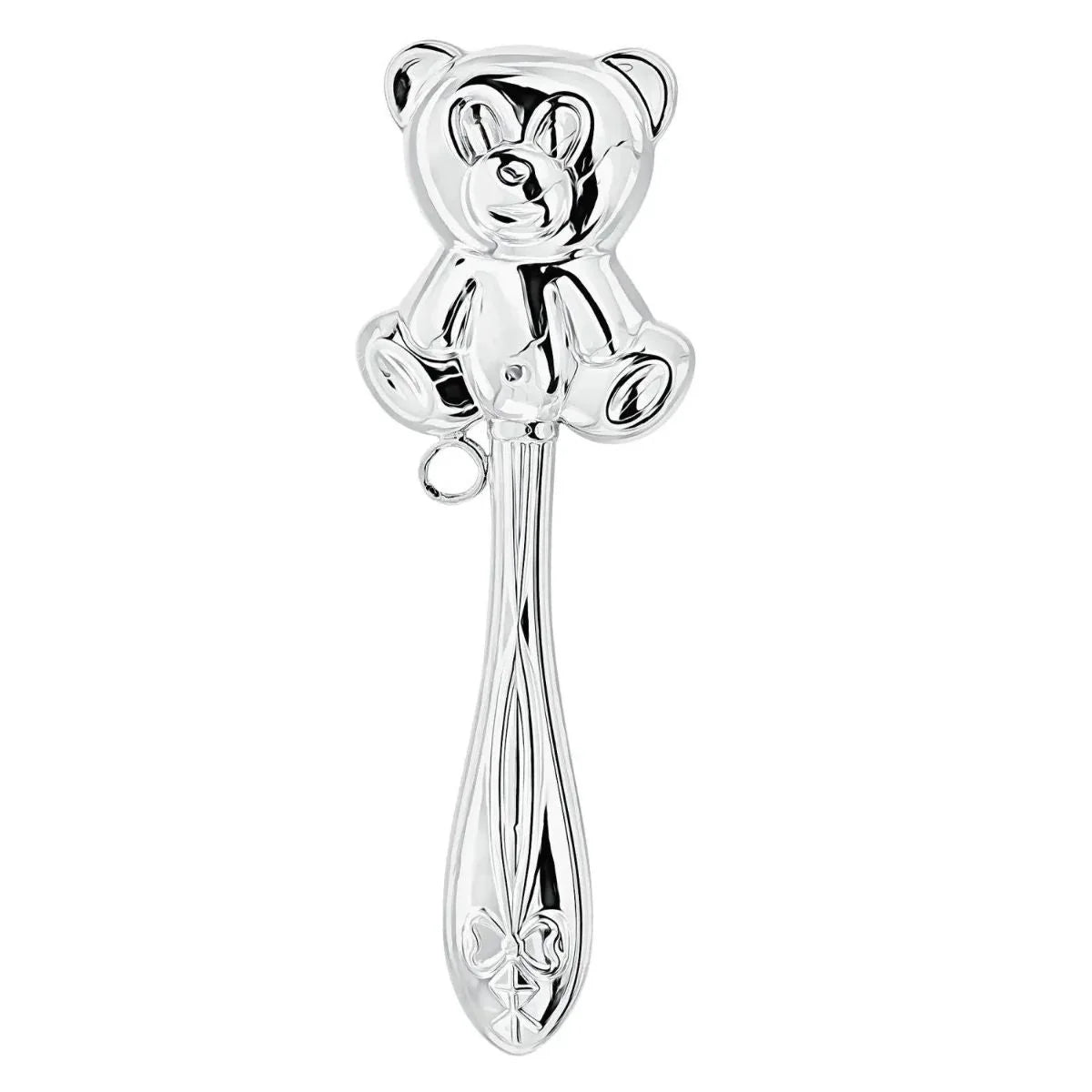 Babyrassel 925 Silber Bär — Stielrassel mit dreidimensionalem Teddybär-Kopf am verzierten Stiel, Detailansicht