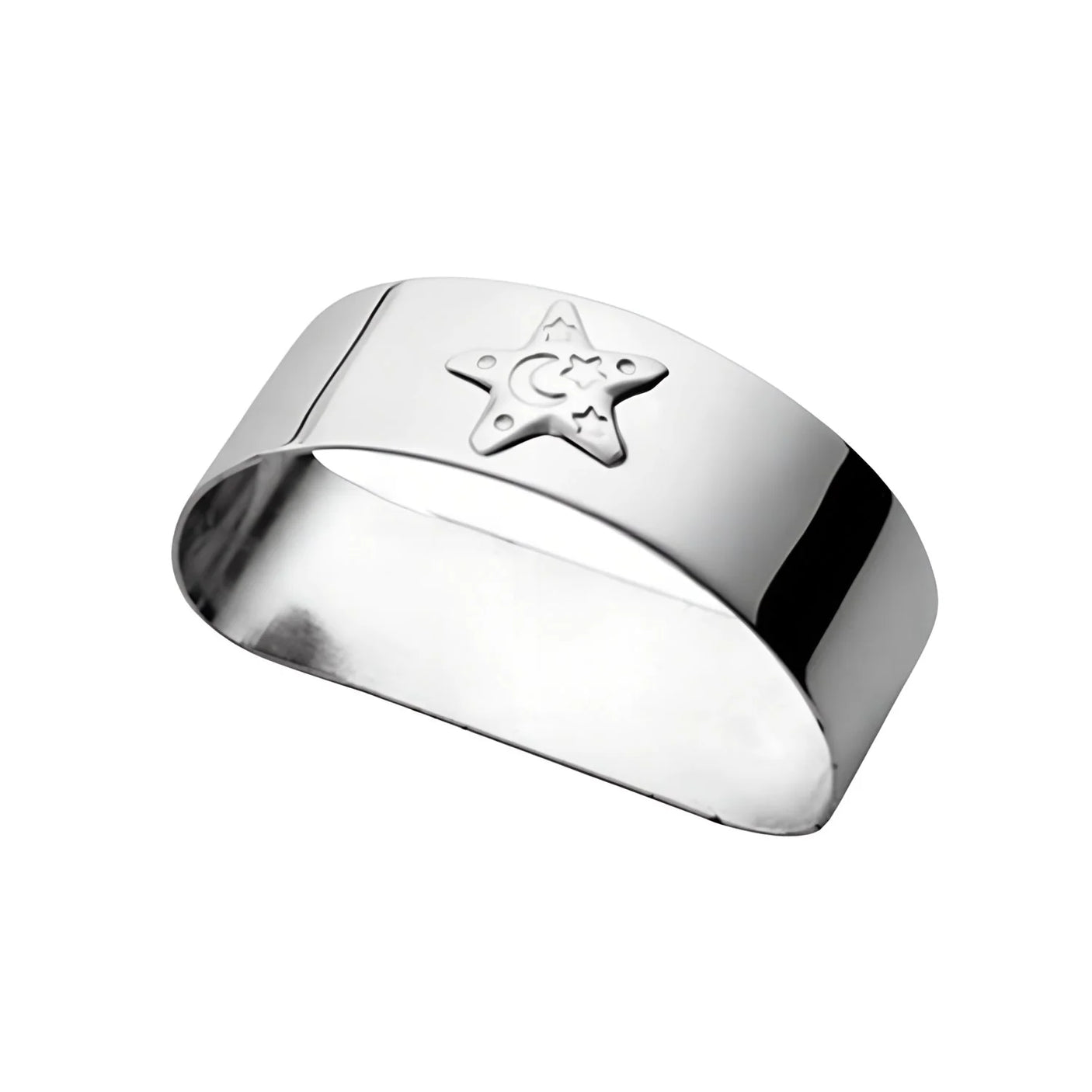 Serviettenring 925 Silber Stern — halbmondförmiger polierter Silberring mit Stern als Relief auf der Oberseite