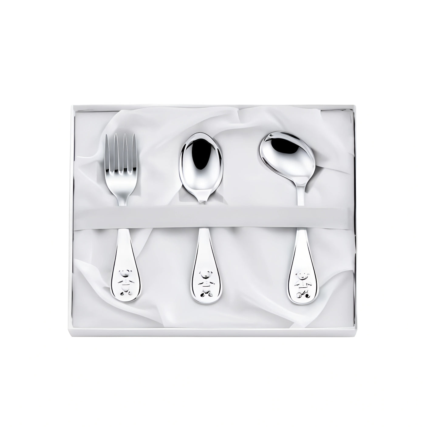 3-teiliges Babybesteck aus 925 Silber mit Teddybär Gravur – Löffel, Gabel, Geschenkset.