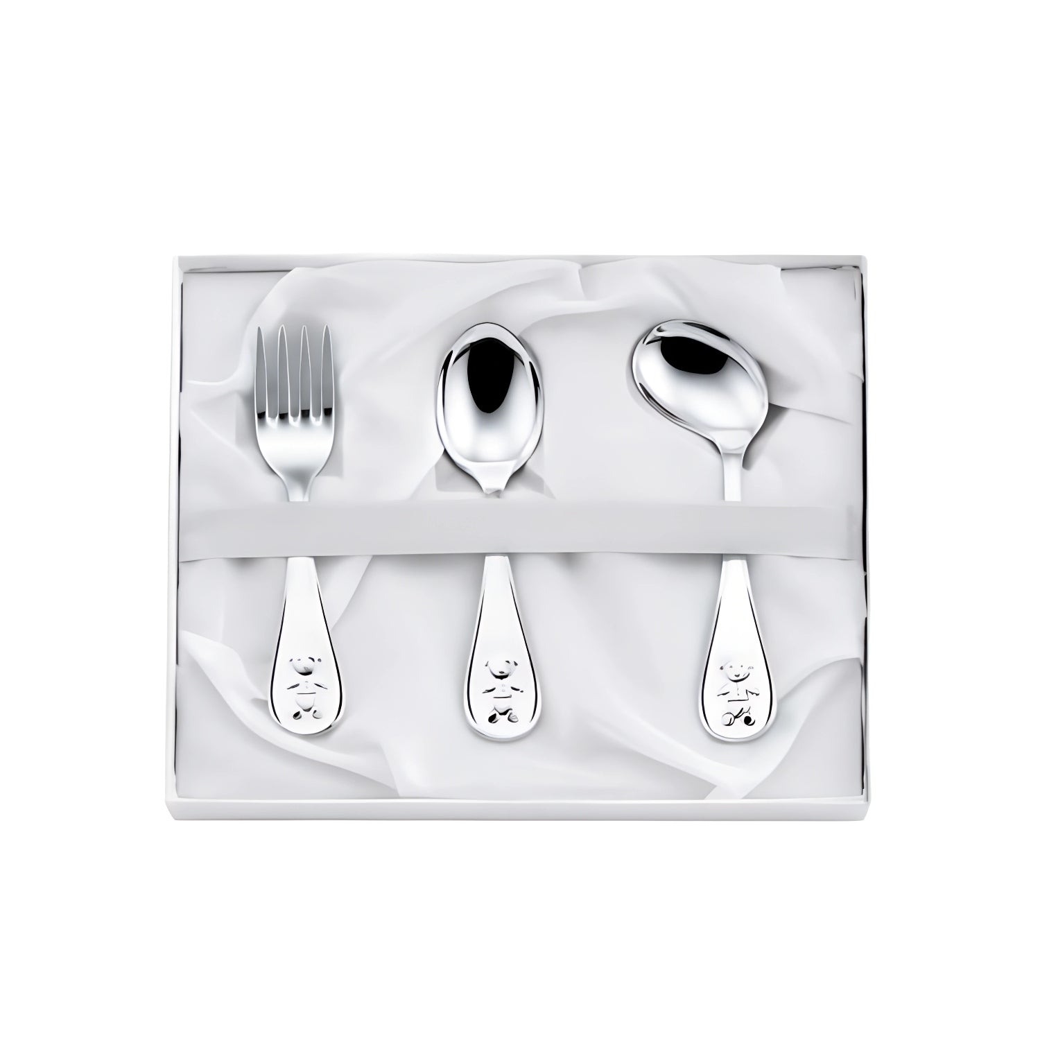 3-teiliges Babybesteck aus 925 Silber mit Teddybär Gravur – Löffel, Gabel, Geschenkset.