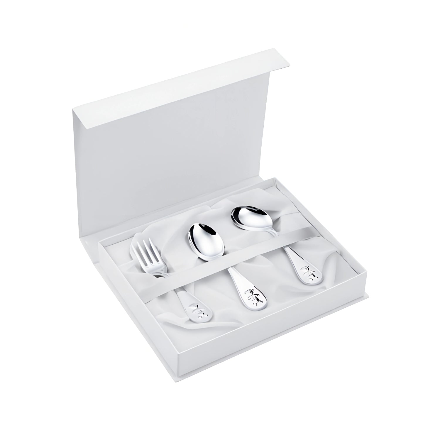 Babybesteck Set aus 925er Silber mit Teddybär-Motiv, 3-teilig in Geschenkbox.