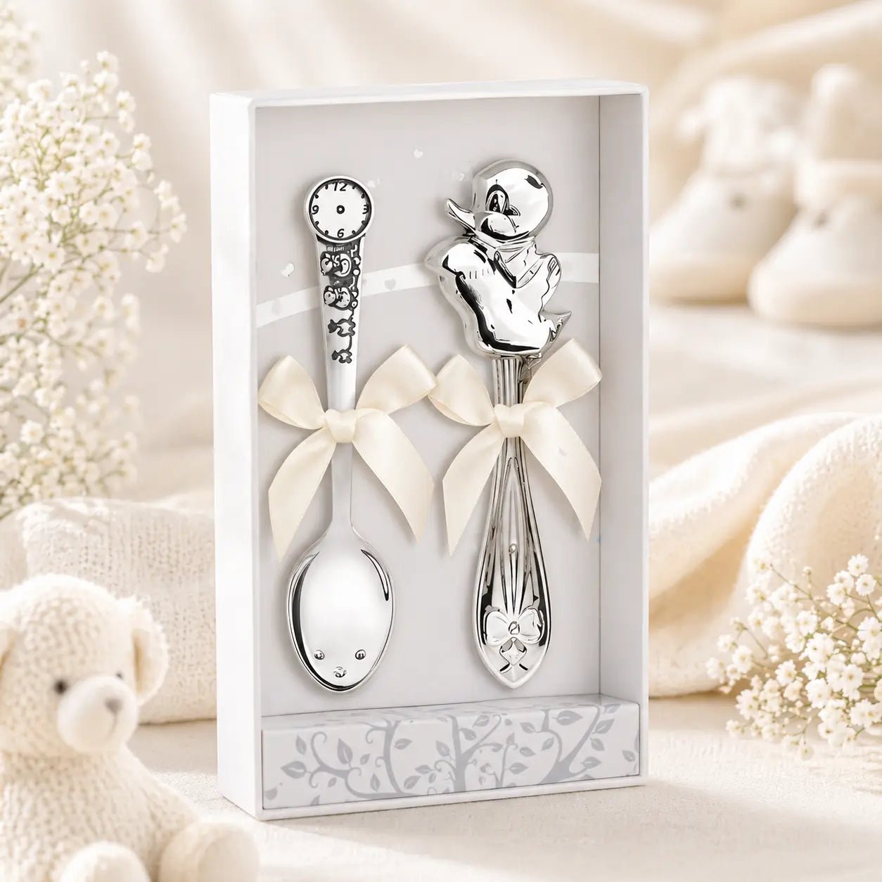 Baby Geschenkset 925 Silber Entlein – Rassel & Geburtslöffel