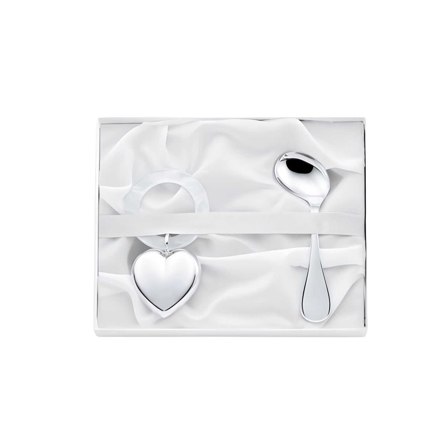 Baby Geschenkset 925 Silber: Herzrassel mit Acrylring & gebogener Babylöffel in weißer Geschenkbox zur Geburt.
