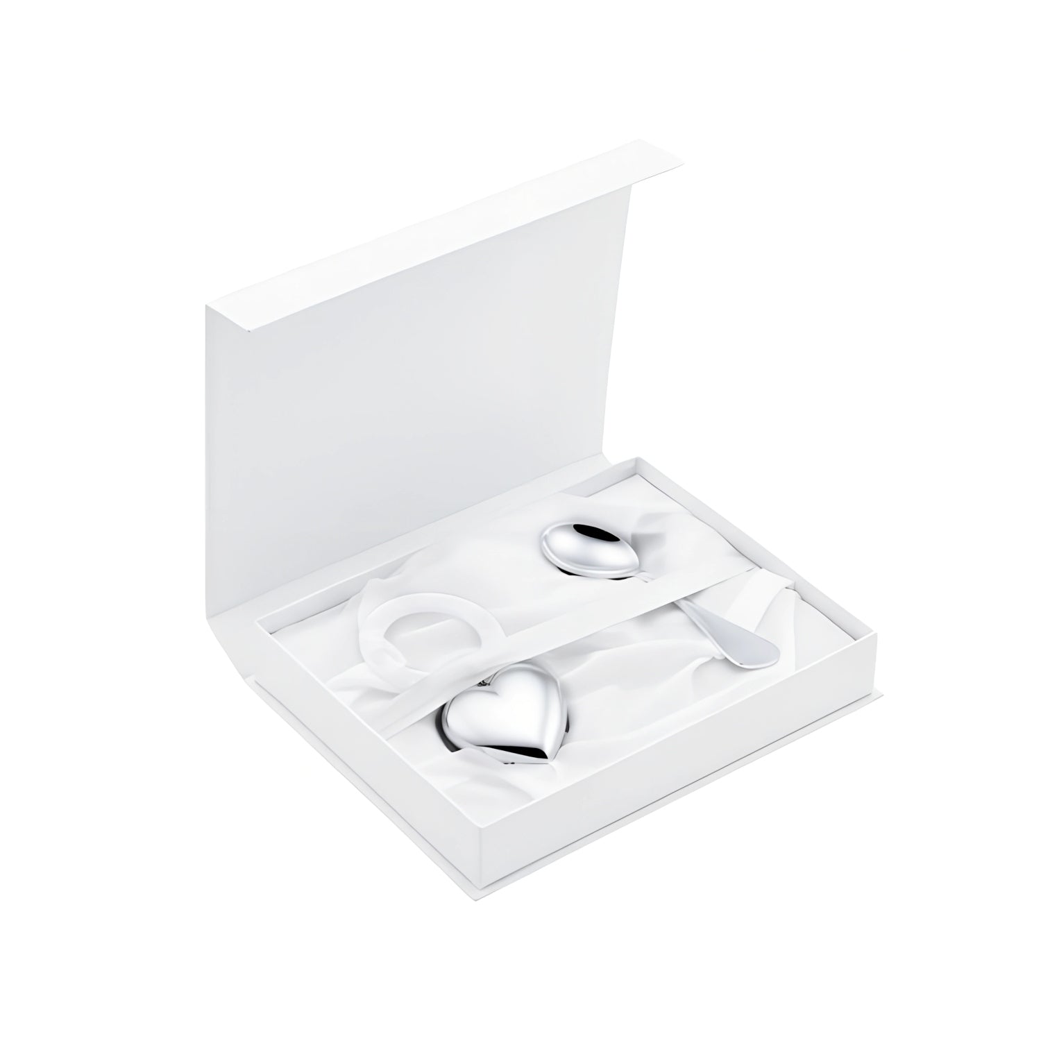 Geöffnetes Baby Geschenkset mit Herzrassel und gebogenem Löffel aus Sterling Silber zur Geburt.