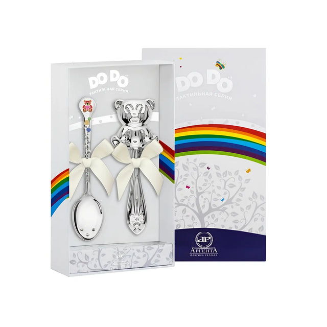 Baby Geschenkset 925 Silber Teddybär – Babylöffel Lila - Rot & Rassel