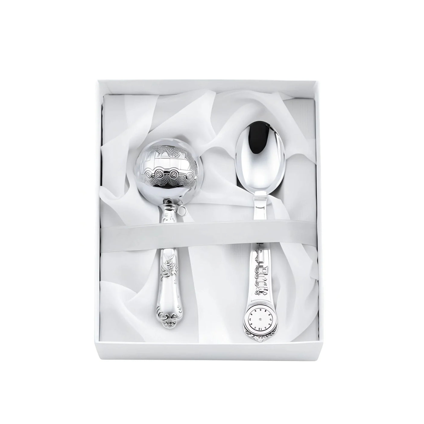 Baby-Geschenkset 925 Silber Zug: Babyrassel mit Dampflok-Kugel & Tauflöffel mit Lokrad-Detail in weißer Geschenkbox.