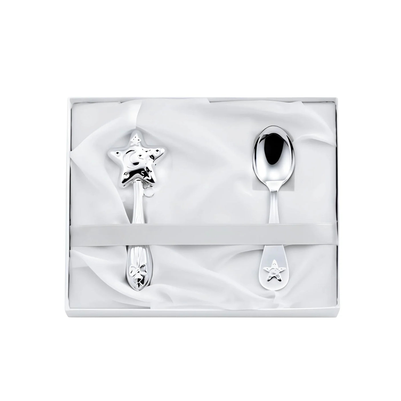 Geschenkset 925 Silber Stern — Babylöffel und Stielrassel mit 3D-Stern in offener weißer Box, Aufsicht