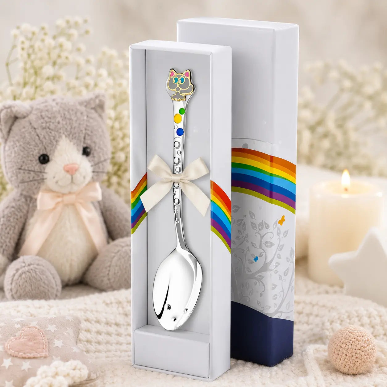 Babylöffel aus 925 Silber mit grau-goldenem Kätzchen-Emaille-Motiv – liebevolles Geschenk zur Geburt oder Taufe