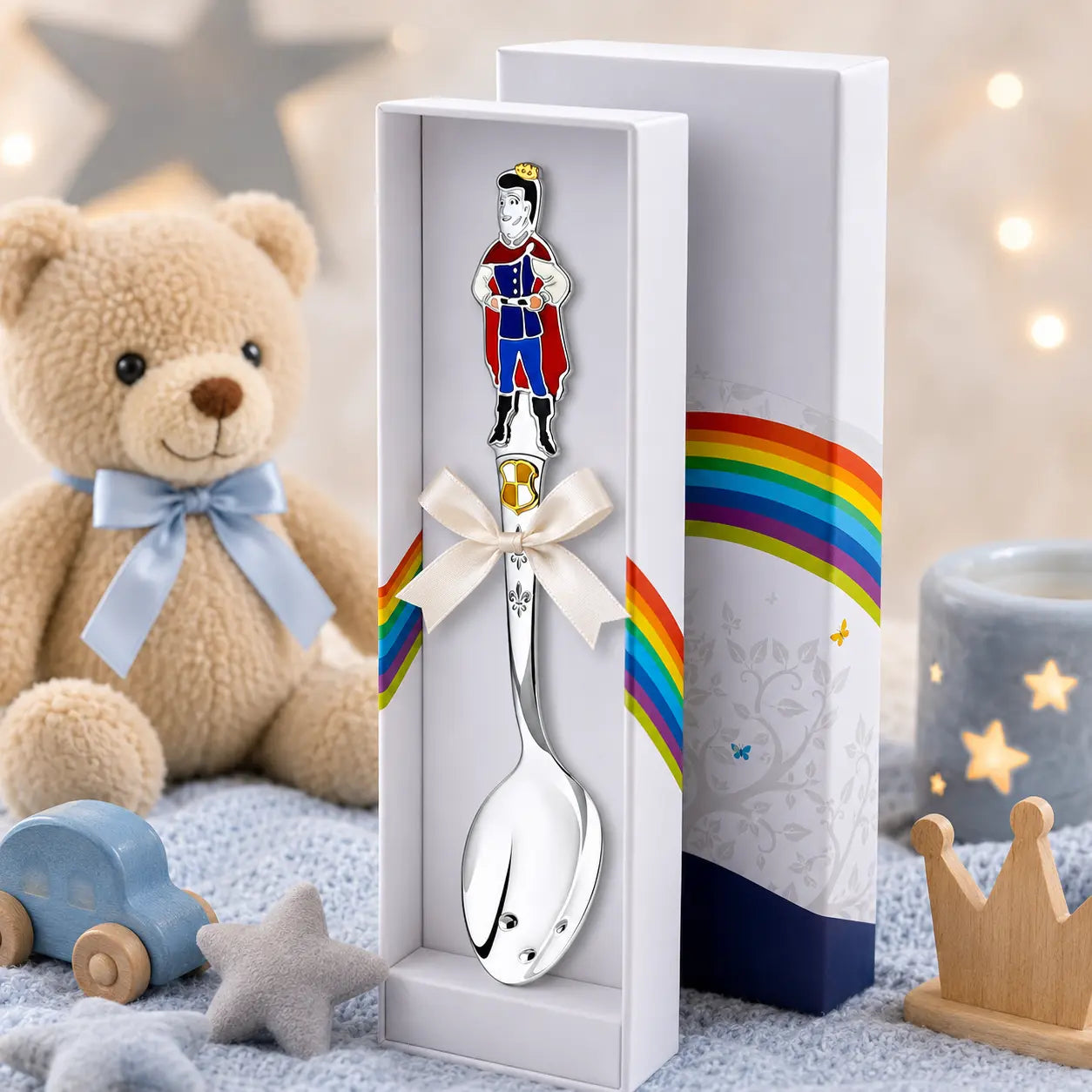 Babylöffel aus 925 Silber mit Prinz-Emaille in Blau-Rot-Gold – edles Geschenk zur Geburt oder Taufe für Jungen