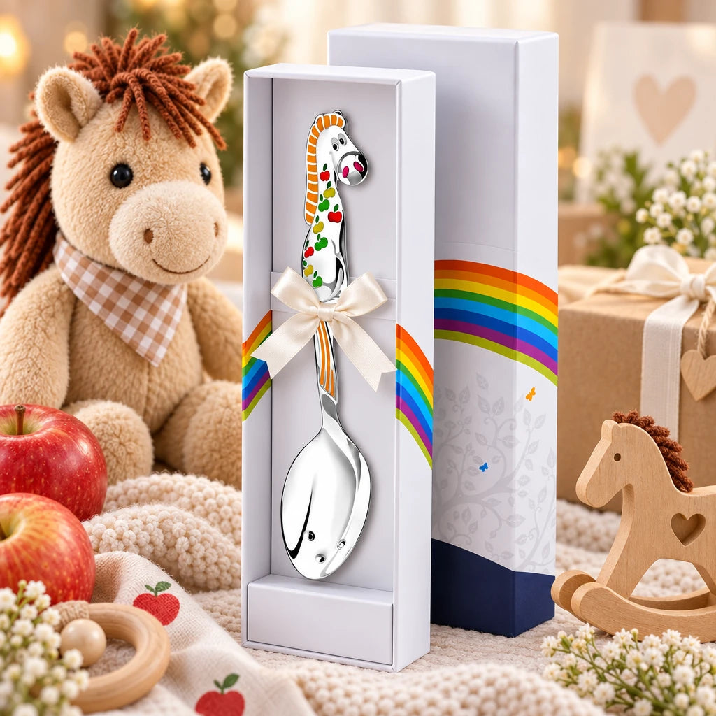 Babylöffel aus 925 Silber mit oranger und roter Emaille, Pferd mit Äpfeln, in weißer Geschenkbox mit Regenbogenband — Lifestyle-Aufnahme mit Plüschpferd und Holzspielzeug, Geschenk zur Geburt