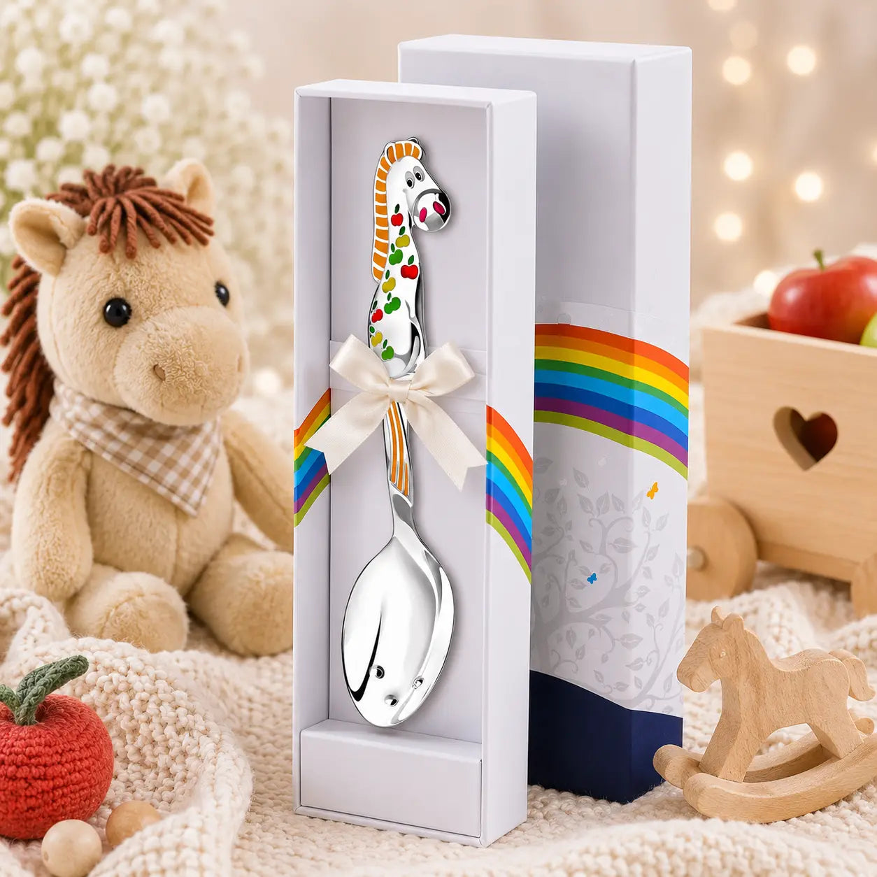 Babylöffel aus 925 Silber mit Pferd-Emaille und Äpfel-Motiv in Orange-Rot – liebevolles Geschenk zur Geburt oder Taufe