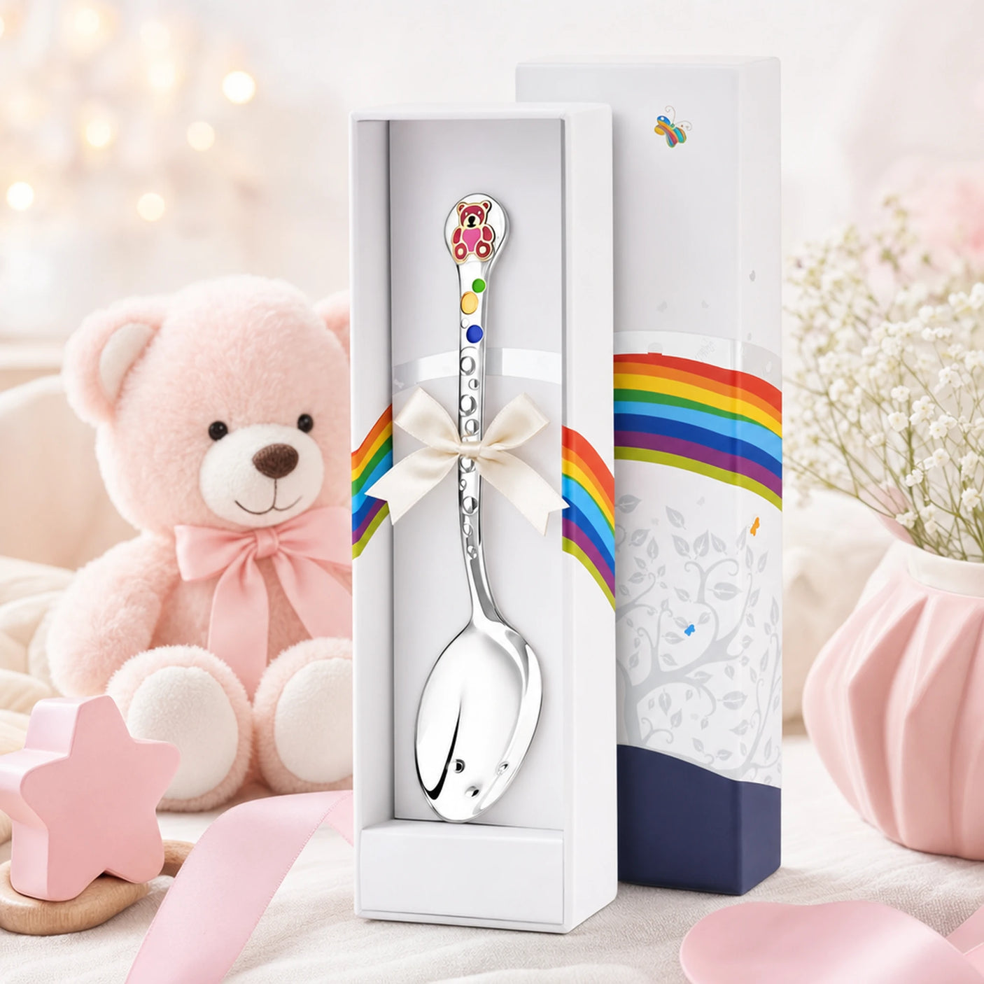 Babylöffel 925 Silber & Emaille mit rot-lila Teddybär-Motiv — Lifestyle-Setting, liebevolles Geschenk zur Geburt für Mädchen