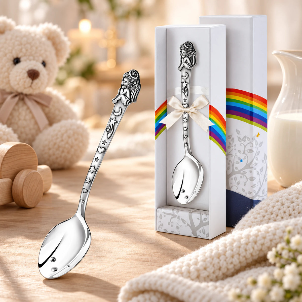 Babylöffel 925 Silber Engel oxidiert mit Stern und Mond — Lifestyle-Setting, Geschenk zur Taufe