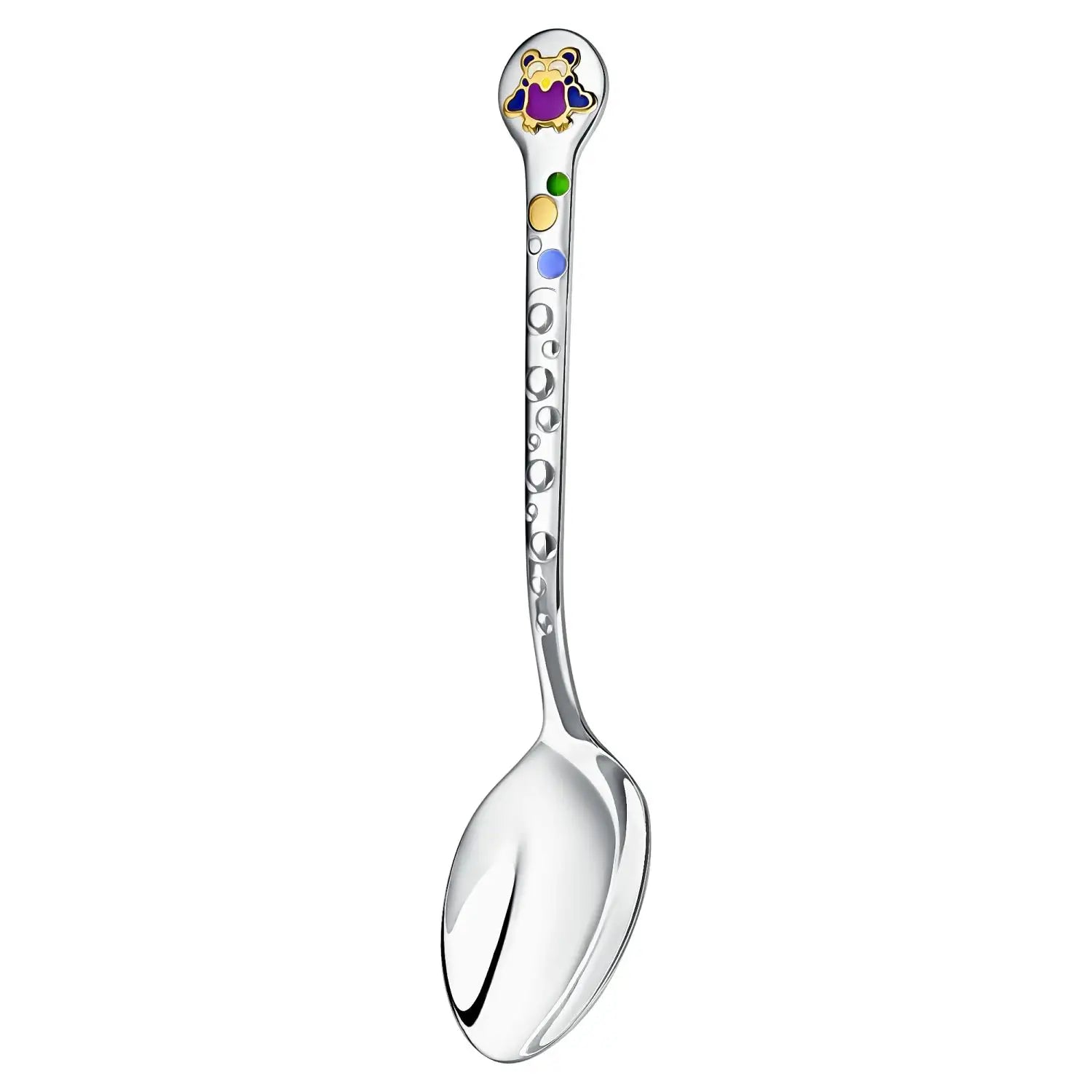 Luxus-Taufgeschenk: Silberlöffel gravierbar & Rassel aus Sterling Silber mit farbigen Details.
