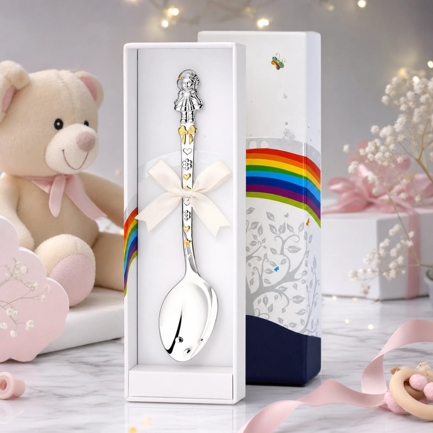 Babylöffel 925 Silber mit goldenem Puppen-Motiv — Lifestyle-Setting, liebevolles Geschenk zur Geburt für Mädchen