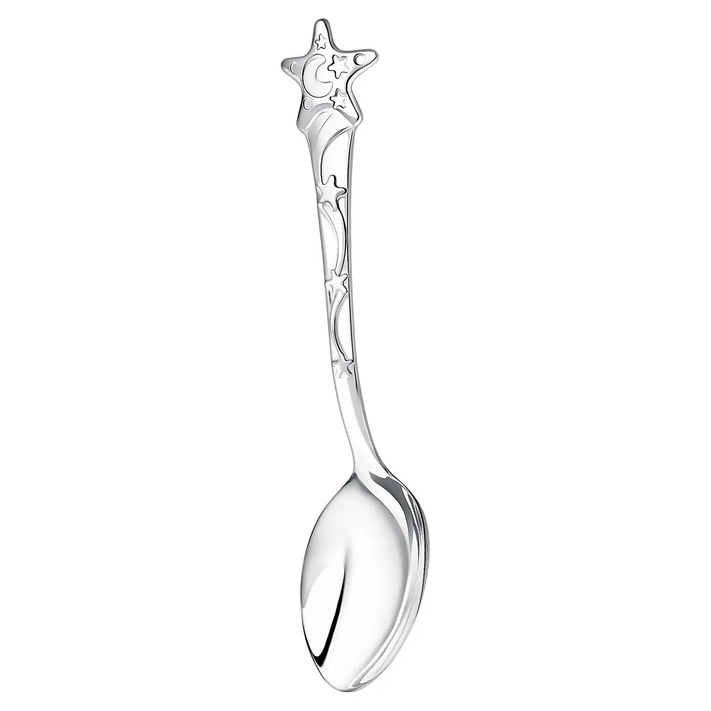 Babylöffel 925 Silber Sterne & Mond – Relief vorne, glatte Rückseite gravierbar, Geschenk zur Geburt oder Taufe.