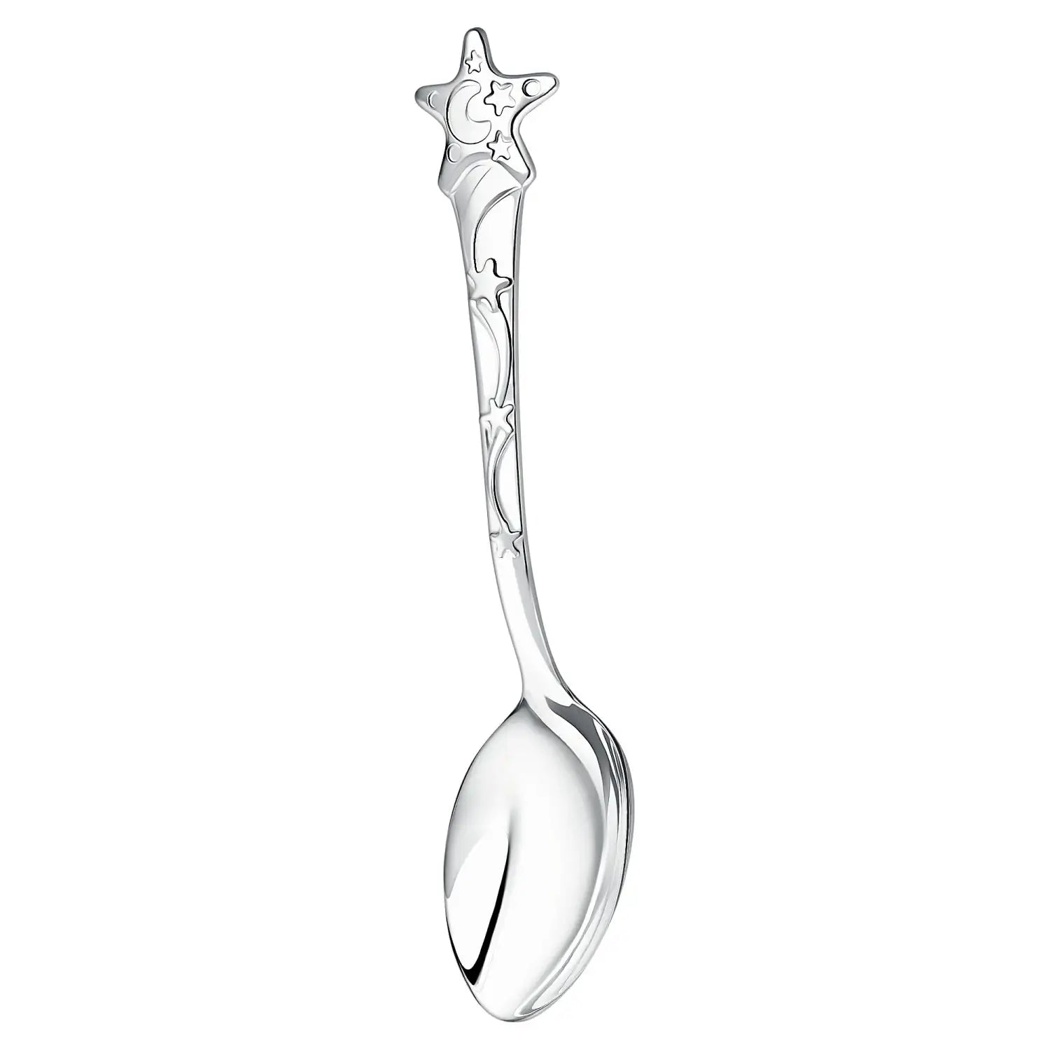 Babylöffel 925 Silber Sterne & Mond – Relief vorne, glatte Rückseite gravierbar, Geschenk zur Geburt oder Taufe.