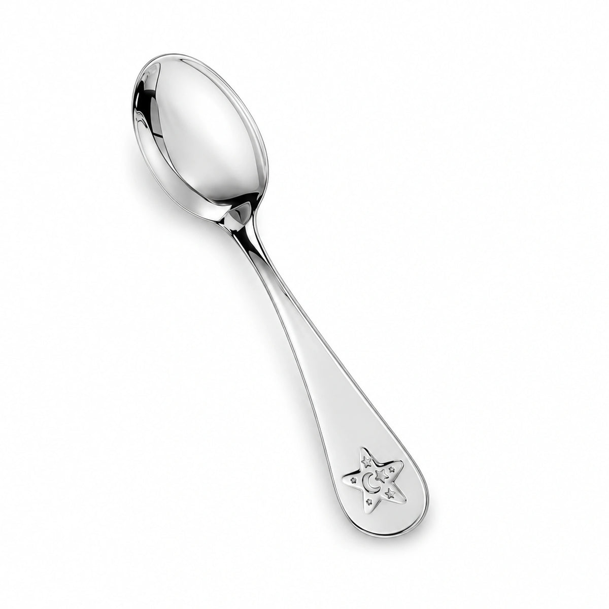 Babylöffel 925 Silber mit kleinem Stern- und Mondsichel-Relief am Stielende, glatte Rückseite für Gravur
