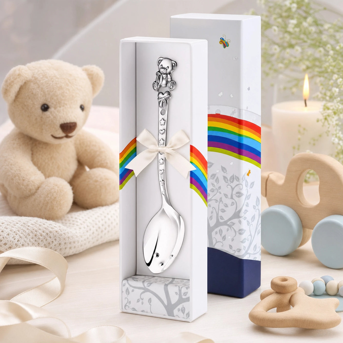 Babylöffel 925 Silber mit oxidiertem Teddybär-Motiv und Schleife — Lifestyle-Setting, liebevolles Geschenk zur Geburt