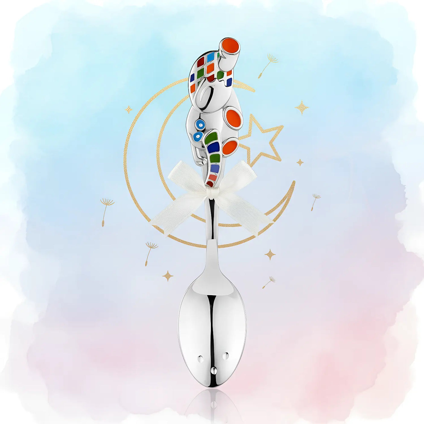 Babylöffel 925 Silber – Fliegender Elefant mit orange Emaille