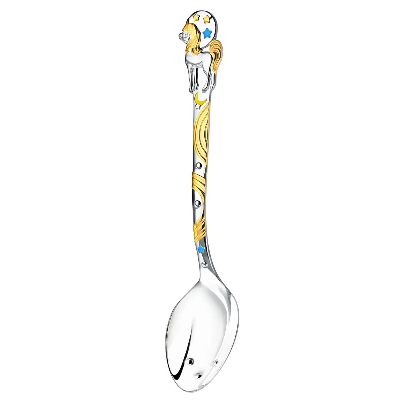 Babylöffel 925 Silber mit Einhorn-Relief in Gold-Blau, Geschenkidee zur Geburt für Jungen.