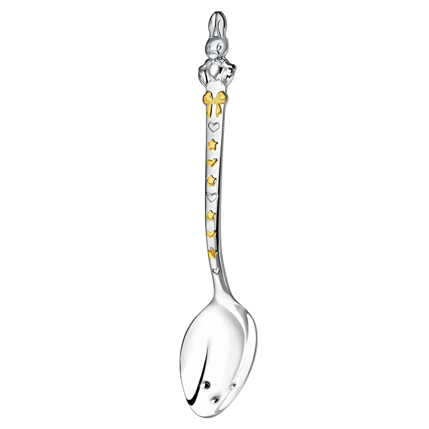 Silberlöffel mit Häschenfigur, vergoldeten Sternen und taktiler Mulde – stilvolles Babygeschenk.