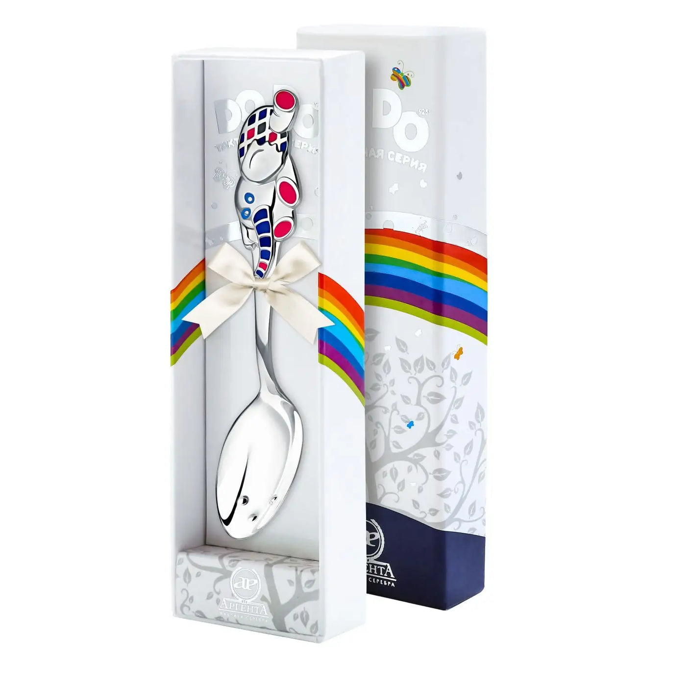 Babylöffel 925 Silber mit fliegendem Elefant in rot-rosa Emaille – Geschenk zur Geburt.