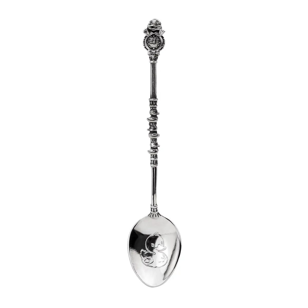 Patengeschenk Löffel 925 Silber Entchen — Entchen auf Zifferblatt-Medaillon, Entenreihe am Stiel, zwei Entchen in der Schale