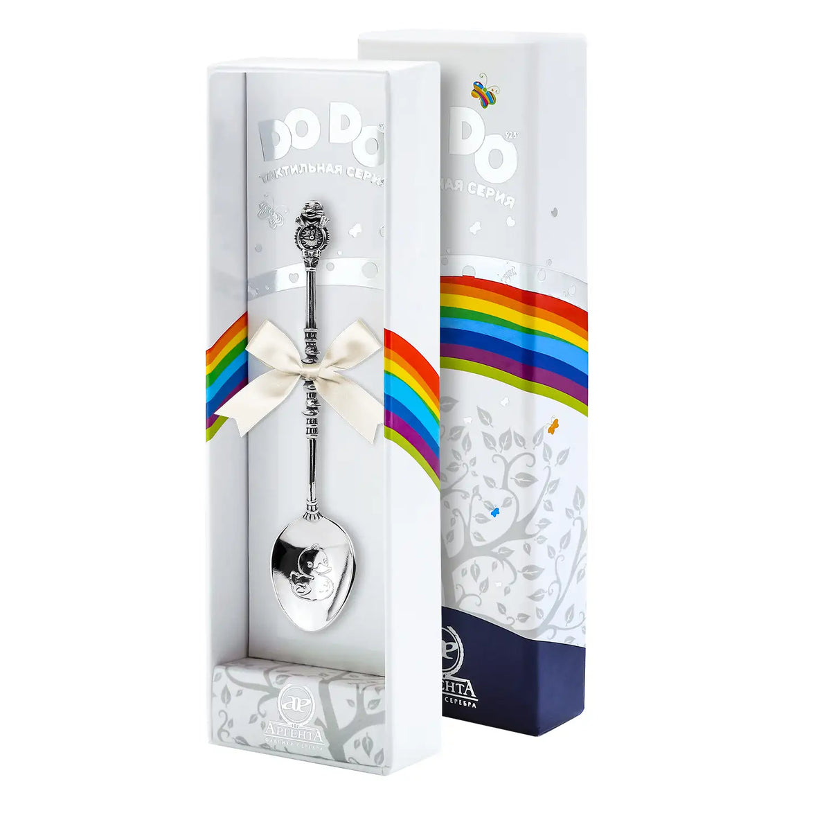 Patengeschenk Löffel 925 Silber Entchen im Geschenketui — Entchen-Löffel hinter Sichtfenster, Satinschleife, Regenbogenband