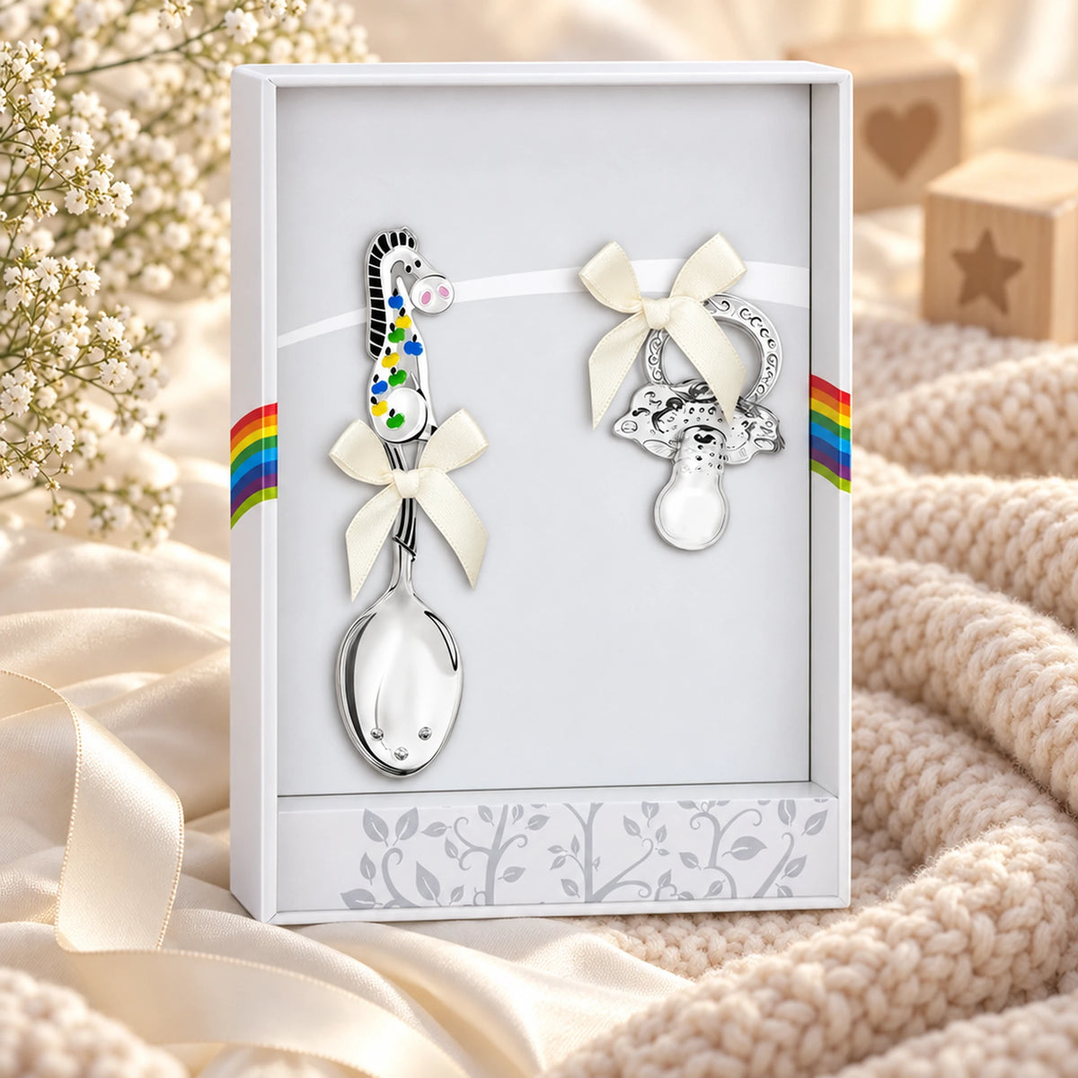 Babylöffel & Schnuller Set 925 Silber Pferd schwarz in der Geschenkbox — Lifestyle-Setting