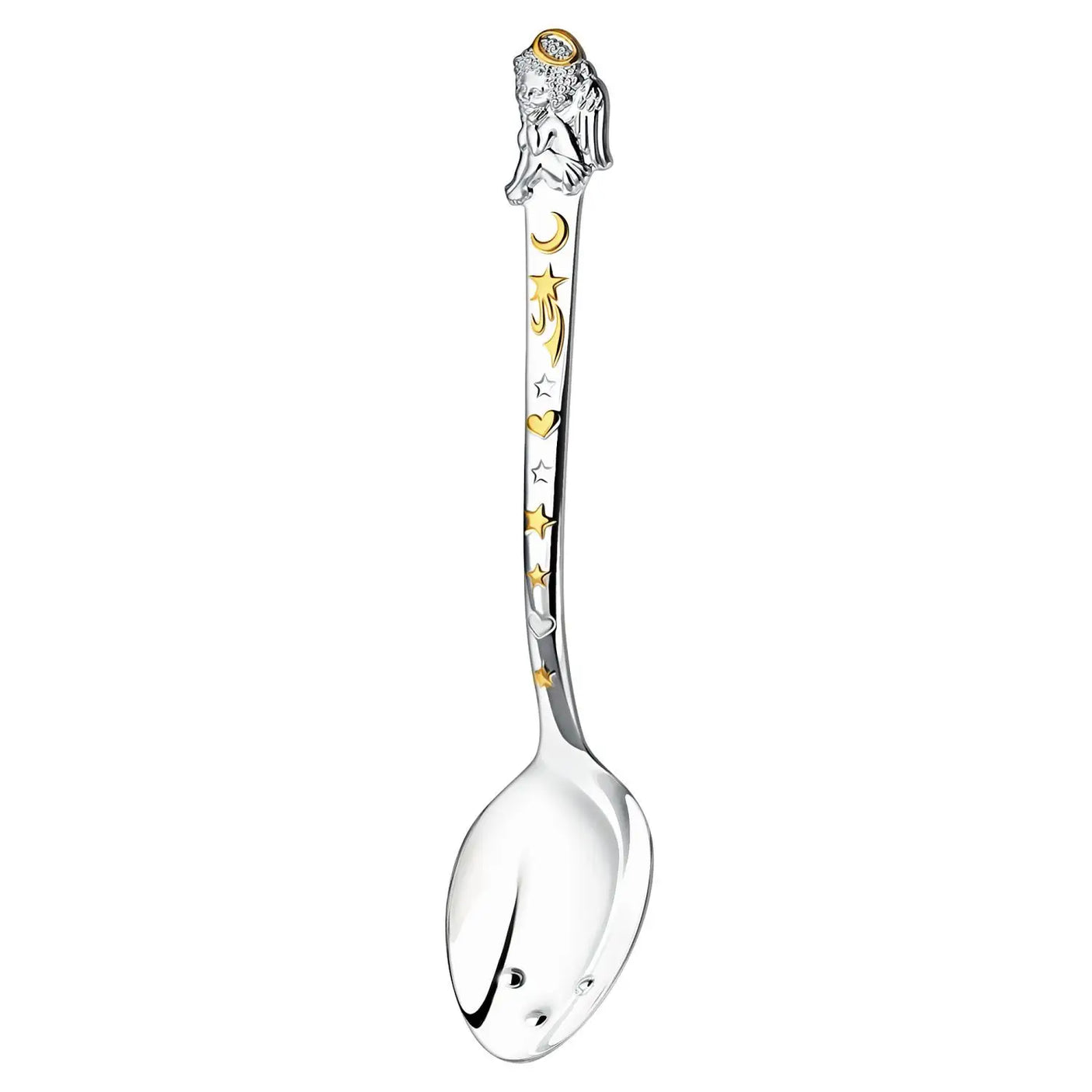 Silberner Babylöffel mit taktiler Laffe, Engel-Motiv & vergoldetem Stern-Mond-Dekor – Taufgeschenk für Mädchen & Jungen.