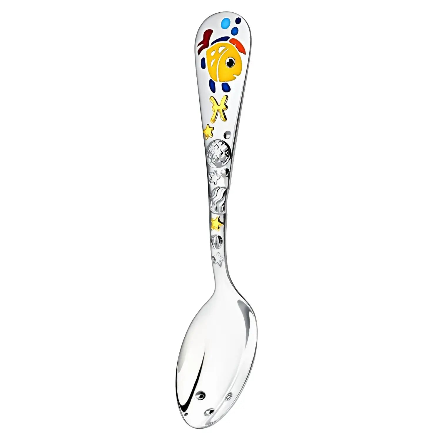Babylöffel 925 Silber Fische – Emaille & Vergoldung, Geschenk zur Geburt oder Taufe.