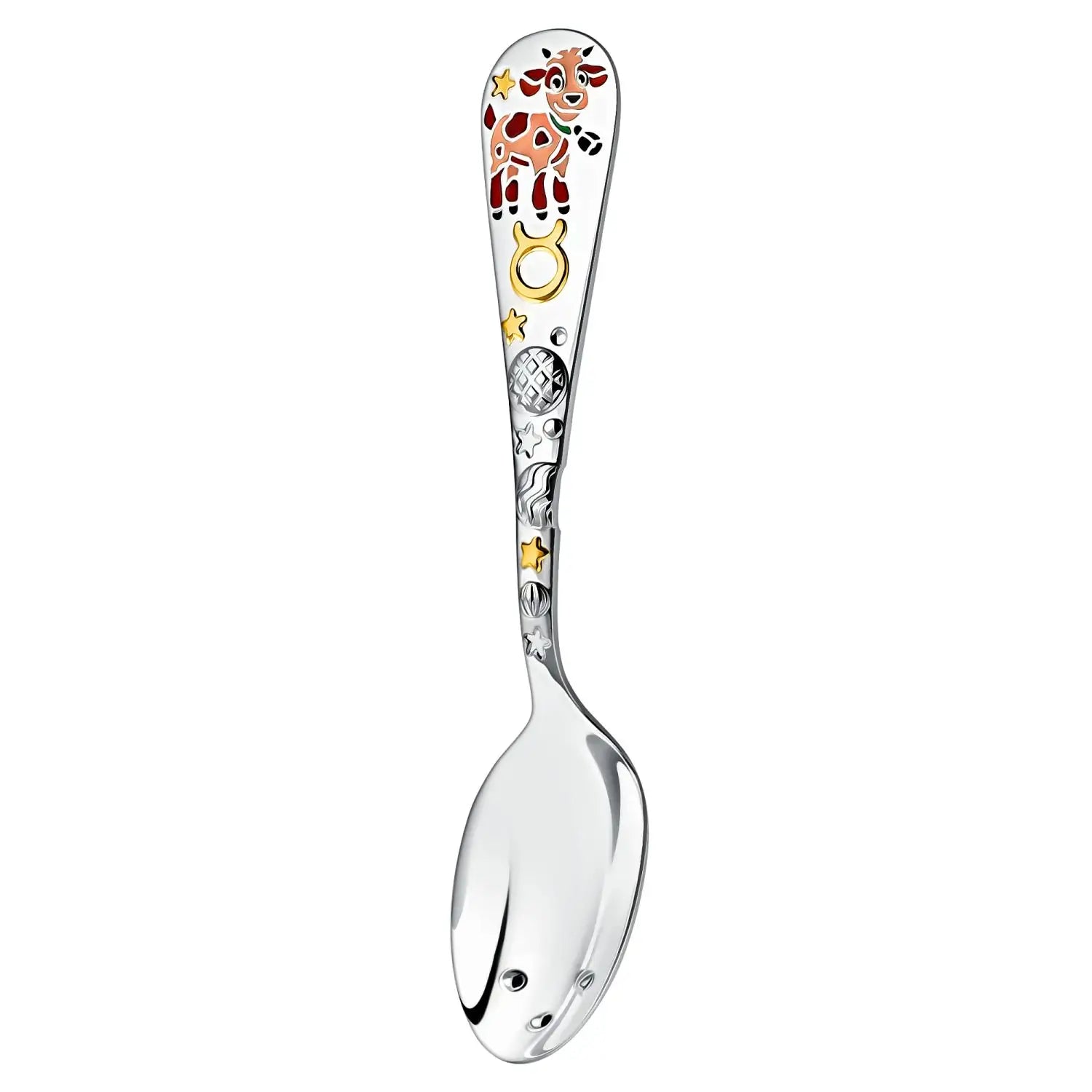 Babylöffel Sternzeichen Stier 925 Silber – Emaille & Vergoldung mit Gravur-Option – Geschenk zur Geburt oder Taufe.