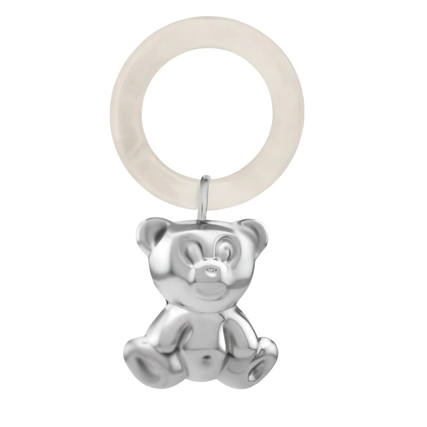 Babyrassel 925 Silber — sitzender 3D-Teddybär an perlweißem Acryl-Beißring, geschlechtsneutral, Zaramella