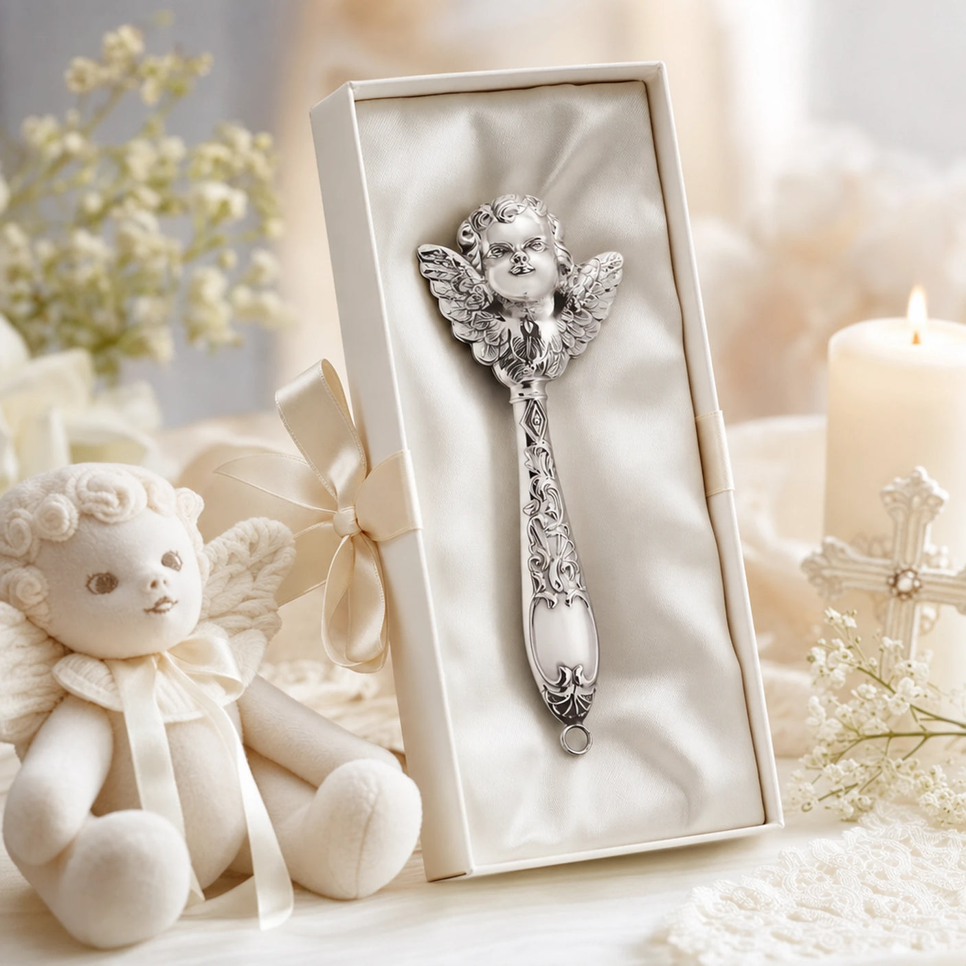 Babyrassel 925 Silber mit Engel-Design — Lifestyle-Setting, Geschenk zur Taufe