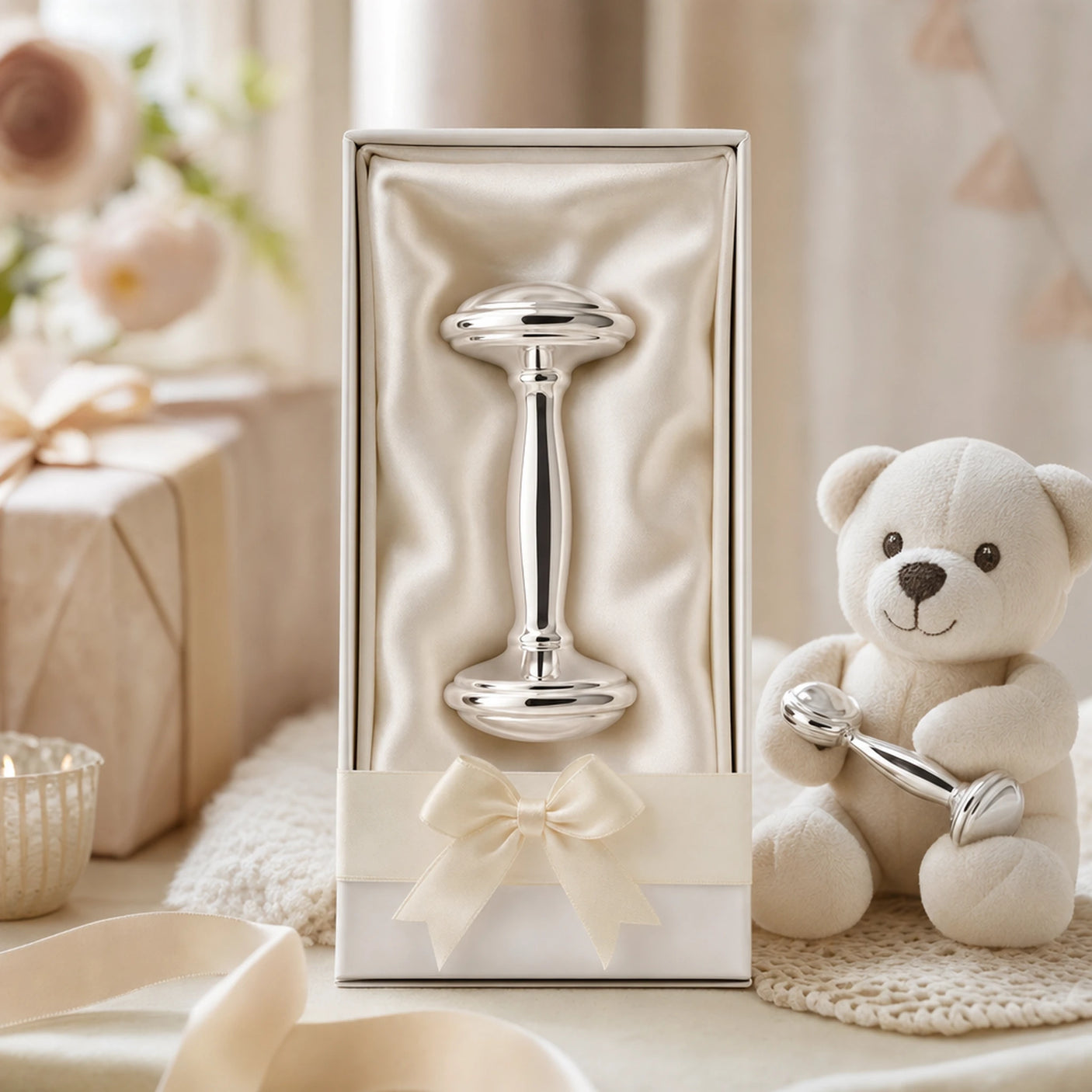Babyrassel 925 Silber mit Hantel-Design — Lifestyle-Setting, Geschenk zur Geburt