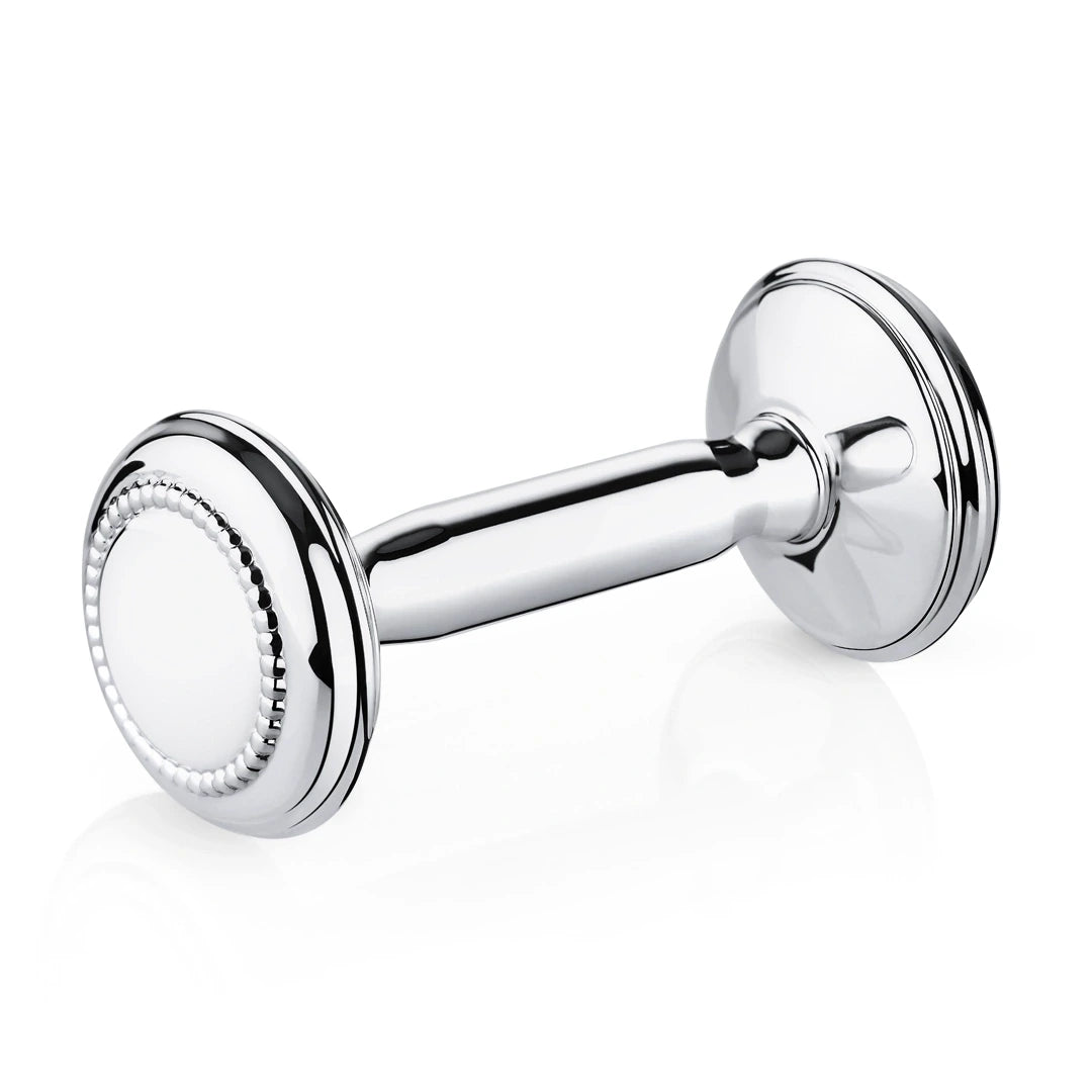 Babyrassel 925 Silber Hantel Zaramella — klassische Hantelform mit feinem Perlrand auf glatter, gravierbarer Scheibe, Freisteller