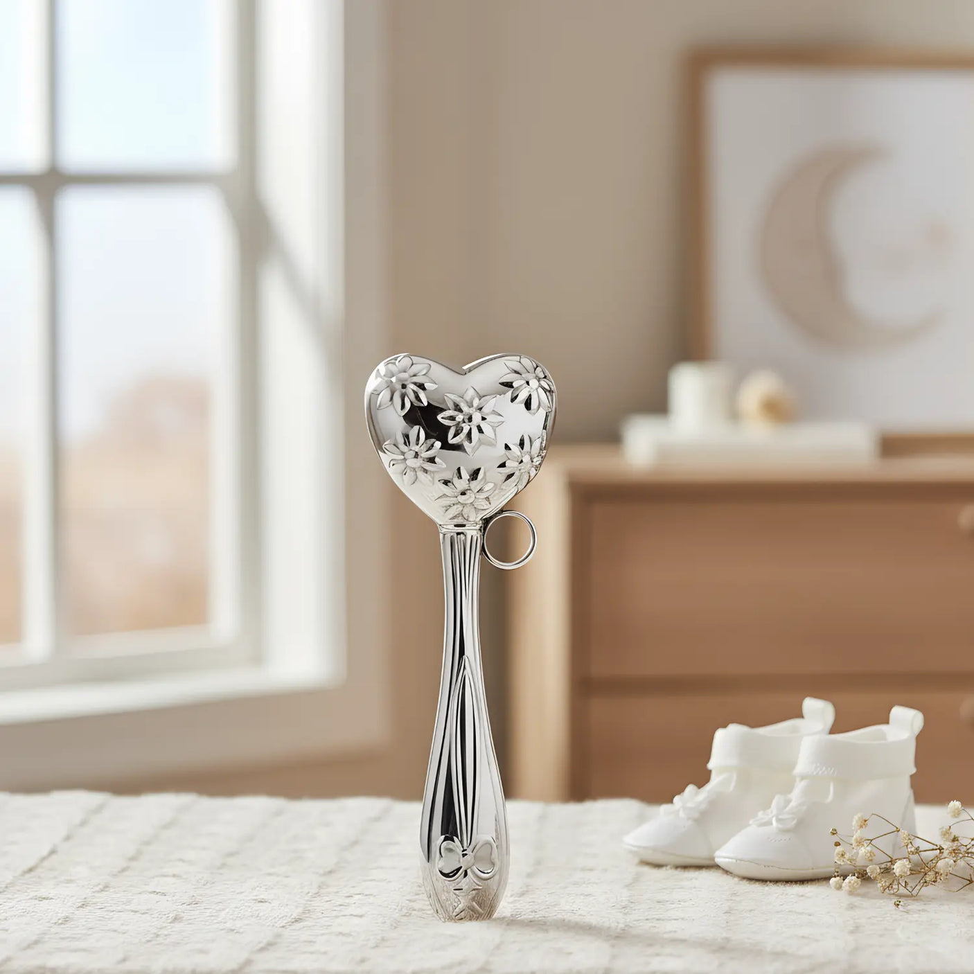Babyrassel mit Herz & Blumen aus 925 Sterling Silber – 13cm